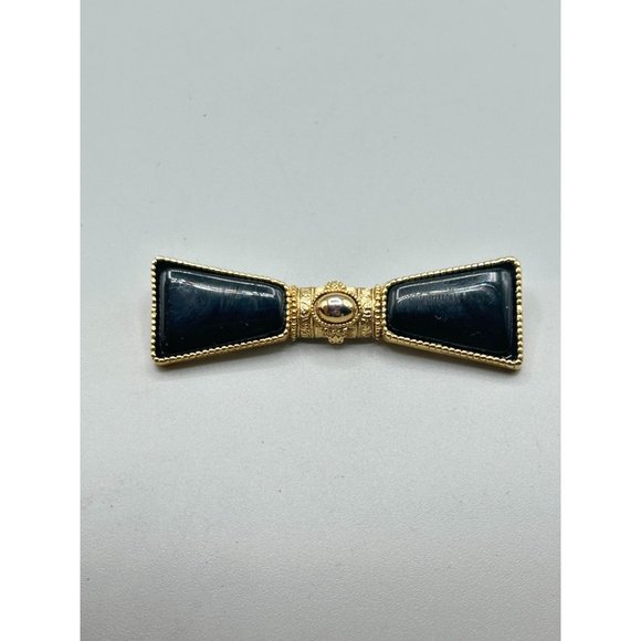 Vintage 1928 Brand Pin Brooch Victorian Black Black Bow Bar Pin Gold Tone Metal - Picture 2 of 5